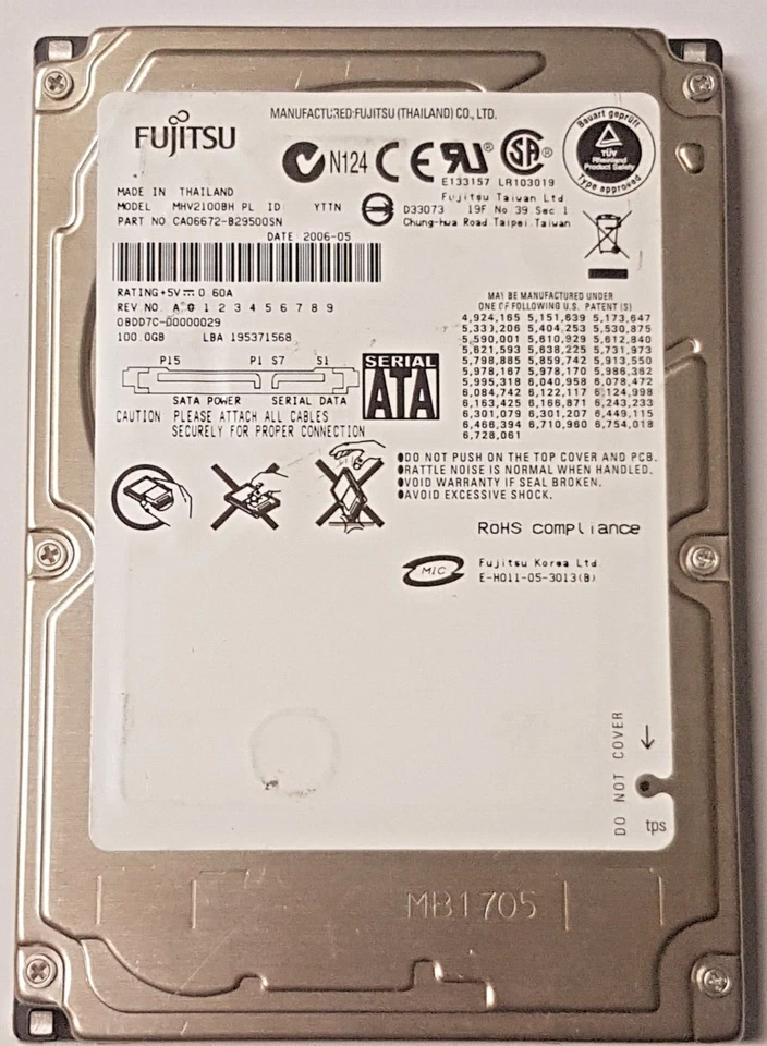 100 MB SATA Fujitsu MHV2100BH 5400rpm 8MB HDD 2.5 " Internal Hard Drive - Image 1 of 1