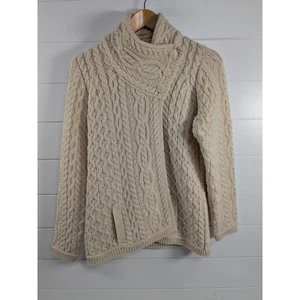 Aran Mor Womens 100% Merino Wool Crossover Neck Sweater Cardigan M Beige Chunky - Picture 1 of 13