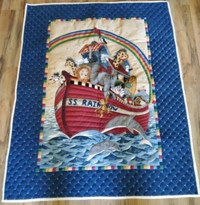 Hand Quilted Wall Hanging Noah's Ark Baby Blanket 35x44 S.S. Rainbow Religious - Picture 1 of 5