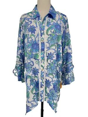 Ruby Rd Women's 2X Bali Blue Floral Button-Up Shirt Flutter Sleeves NEW - Image 1 of 4