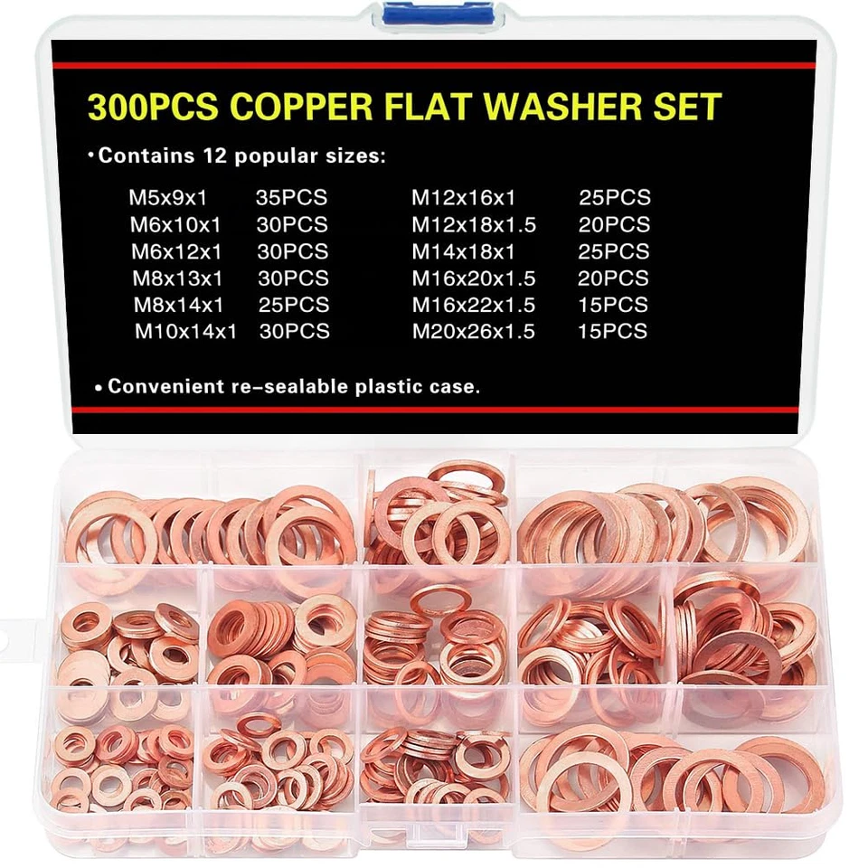 Kit 300 Rondelle in Rame 12 Misure Classificazione Metrica Guarnizione Rame Olio - Immagine 1 di 4