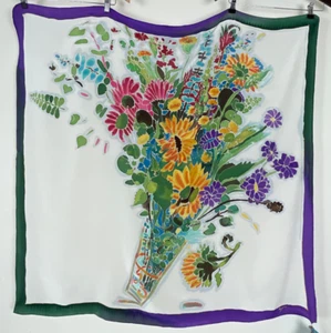 $150 Cicely Gilman PAINTED SILK FLORAL SCARF SIGNED Designer Artist Art Large XL - Picture 1 of 11