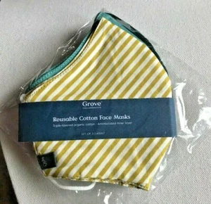 REUSABLE COTTON ADULT FACE MASKS, SET OF 3, BY GROVE COLLABORATIVE,NEW PACKAGE - Picture 1 of 4