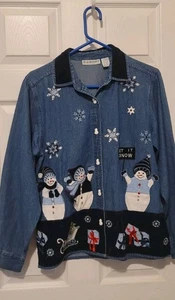 MUJER Talla M VESTIDO GRANERO NAVIDAD/MUÑECO DE NIEVE AZUL DENIM ABOTONADO MANGA LARGA CAMISA - Imagen 1 de 13