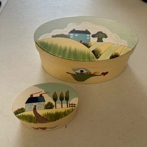 Cajas ovaladas de anidación RUSS 2 piezas de madera pintadas a mano granja - Imagen 1 de 13