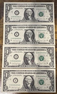 (4) 1988-A $1 Dollar Bills Consecutive Serial I0014601 0014602 0014603 0014604D - Picture 1 of 2