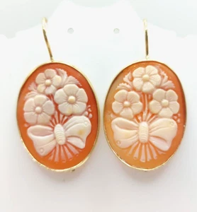 Hand Carved Cameo Earrings Floral Bouquet Gold-Plated Silver Hook Closure - Picture 1 of 10