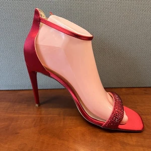 Badgley Mischka Buckle Heel Sandals 7.5 Red Stiletto Satin Sensual Chic Glitters - Picture 1 of 7