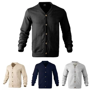 Men Slim Fit Jacquard Cardigan Button Up Casual Jacket Long Sleeve Outerwear - Picture 1 of 36
