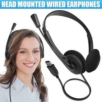 USB Headset Headphones Wired with Microphone for Call PC Computer Laptop Black - Image 1 of 4