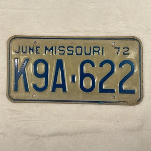 Vintage 1972 Missouri MO License Plate K9A-622 Patina Character Blue White - Picture 1 of 2