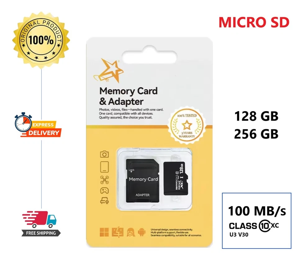 MICRO SDXC 128 - 256 GB 100 MB/S CLASSE 10 UHS-1 U3 SCHEDA DI MEMORIA CARD SD XC - Immagine 1 di 1