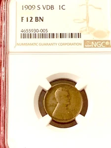 RARE 1909-S VDB 1c LINCOLN PENNY NGC F 12 BN - Picture 1 of 3