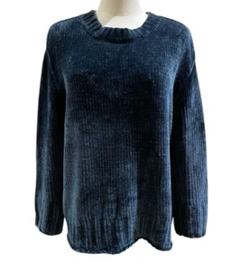 Max Studio Chenile Sweater Women Soft Velvet  Crew Neck Pullover Blue Sz S - Picture 1 of 9