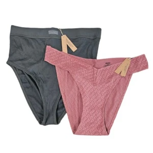 Skims 2pc Womens Briefs L Berry Mesh Cheeky Stretch Deep Sea Ribbed High Rise - Picture 1 of 11