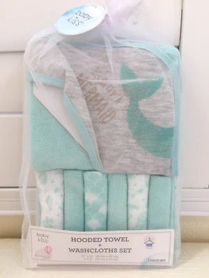 Baby Girl Hooded Towel 6x Washcloths Set 27x30" Mint Grey White MERMAID ThemeNew - Image 1 of 2