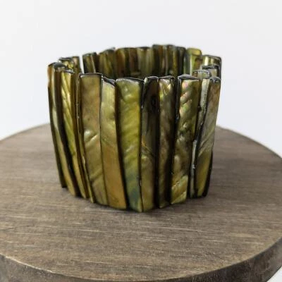 Vintage Abalone Shell Stretch Cuff Bracelet Green Pearlescent Iridsecent Natural - Image 1 of 4
