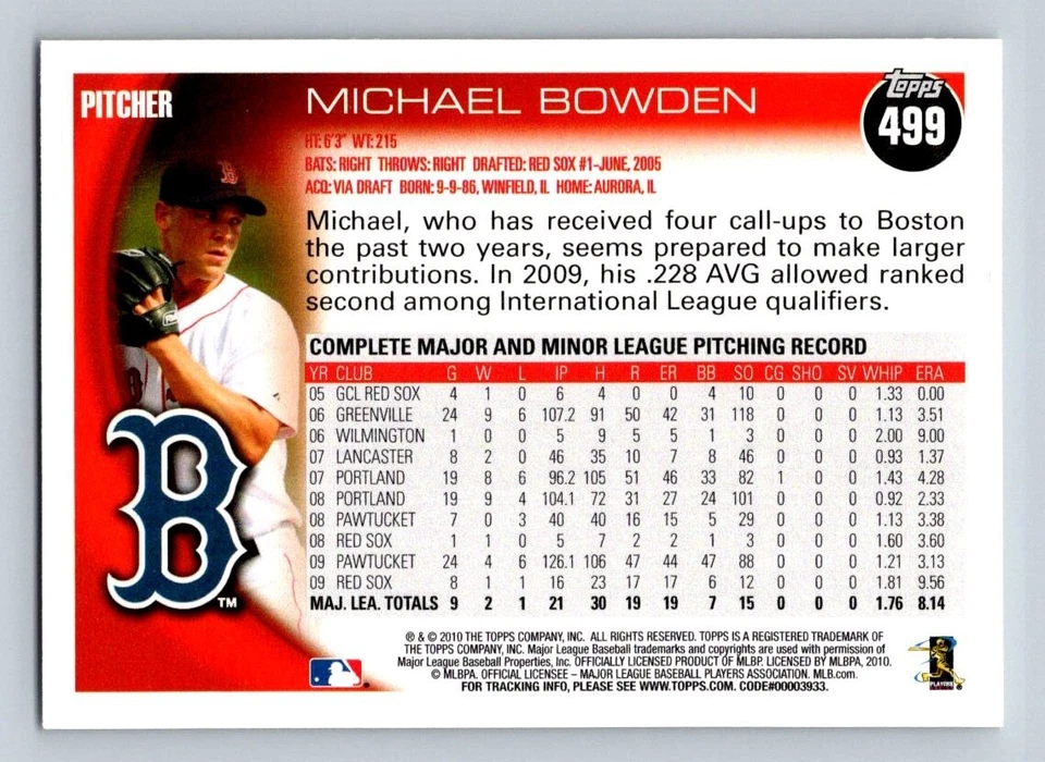 2010 Topps #499 Michael Bowden Boston Red Sox - Image 1 of 1