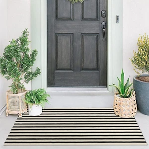 Front Door Mat Outdoor Cotton Handwoven Farmhouse Layered Door Mat Washable Stri - Picture 1 of 7
