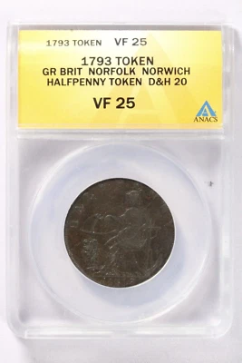 1793 Gr Brit Norfolk Norwich Half Penny Token D&H 20 Anacs VF25 - Image 1 of 4