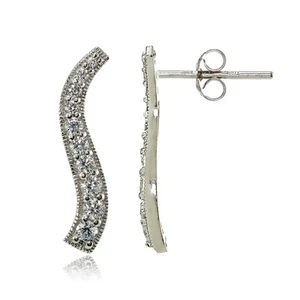 Sterling Silver Cubic Zirconia Vertical Curved Bar Earrings - Picture 1 of 3