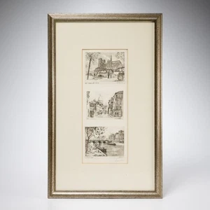 Vintage Tusche Triptychon Paris Notre Dame Pont Neuf Leander gerahmt mattiert - Bild 1 von 5