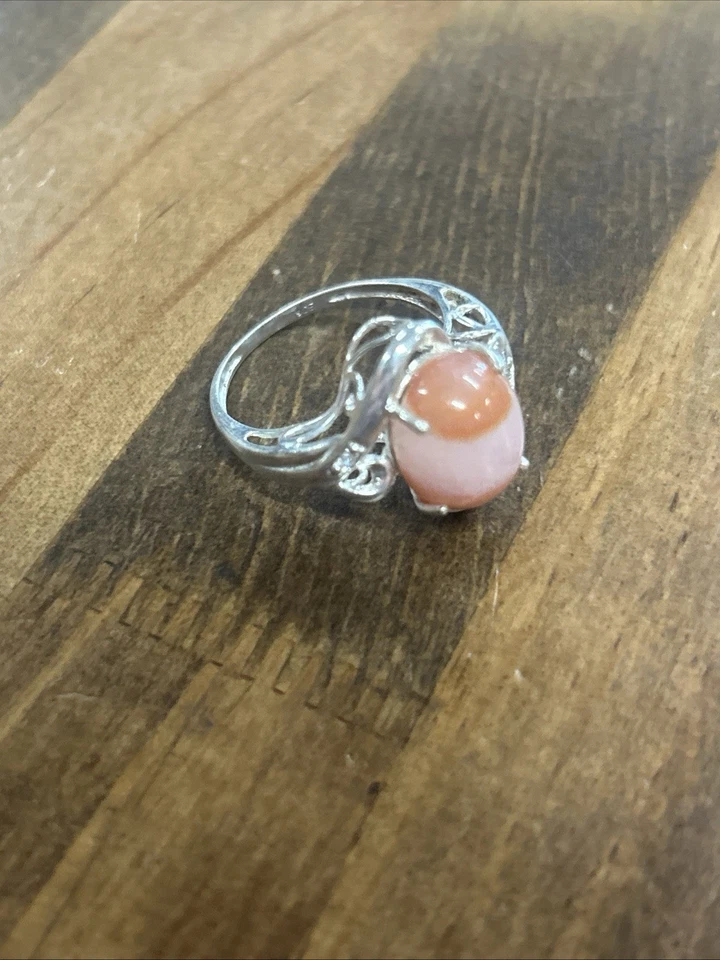 Anel de filigrana prata 925 com faixas de pêssego pedra da lua detalhes tamanho 7,75 3,63 G - Imagem 1 de 4