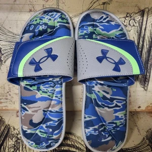 Size 6Y Under Armour Blue Tan Slip On Athletic Comfort Slides - Sandals WORNONCE - Picture 1 of 14