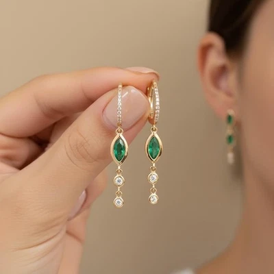 Marquise Emerald & Diamond Drop Earrings, Party Wear Hoop In 14k Yellow Gold - Image 1 of 4