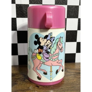 Vintage Disney Minnie & Mickey Mouse On Carousel Horse Pink Thermos by Aladdin - Picture 1 of 9