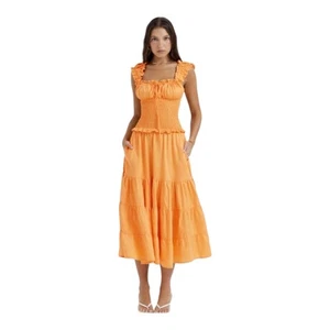 House of CB Phedra Tangerine Shirred Sun Dress Size Large Midi Orange Smocked - Picture 1 of 12