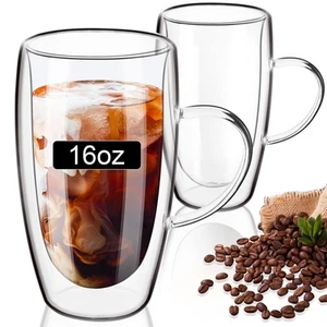 PARACITY Double Wall Glass Coffee Mugs 16oz with Handle, Coffee Cups Set of 2... - Picture 1 of 7