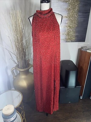 Adrianna Papell Bodycon Halter Sequins Evening Dress Sz 10 Women’s Silk Red - Image 1 of 4