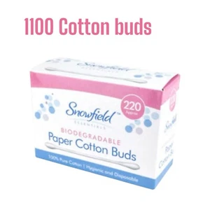 5x SnowField Baby Cotton Buds Pack of 220 Paper Sticks Plastic Free Pure Cotton - Picture 1 of 2
