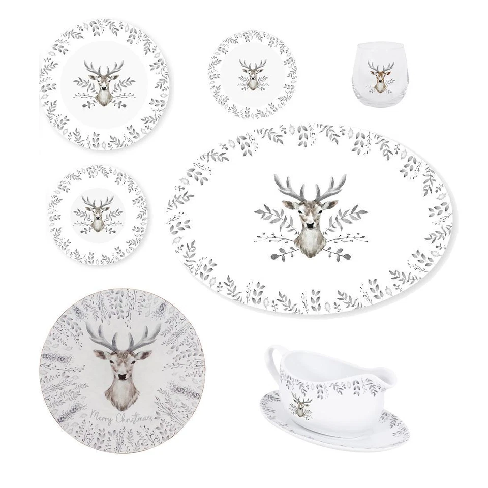 YÖL Christmas Tableware Set Grey Stag Design Full Table Setting Ceramic Table Decor