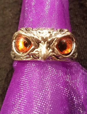 Unisex Owl Bird Ring Stainless Steel Piercing Orange Eyes Adjustable Sizes 5-10 - Image 1 of 4