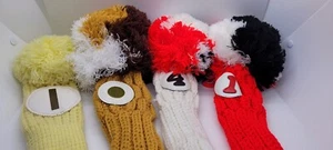 Vintage Golf Head Covers Knit Sock w/ Pom Poms - Foto 1 di 7