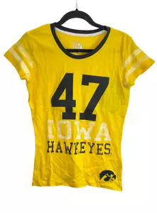 E5 College Classics Women's IOWA Hawkeyes Distressed Print T-Shirt,Yellow,Medium - Picture 1 of 6