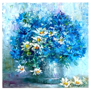 Original Ölgemälde blaue Blumen Kornblumen in einer Vase Feldstrauß Blumenkunst - Bild 1 von 12