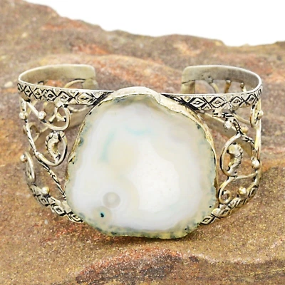 Brazalete de plata de ley 925 con piedras preciosas de ágata trabajo abierto ornamentado 8 1/2" Foto 1 de 4