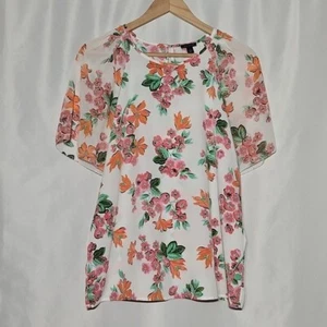 Ann Taylor White Floral Blouse Top Orange Green Women Size Medium M m - Picture 1 of 9