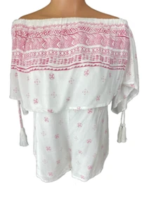 Mameluco Elan Hombro Descubierto Blanco y Rojo Mangas Cortas con Borlas Talla M Rayón - Imagen 1 de 7