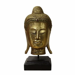 Handcrafted Wood Gold Color Serene Peaceful Meditate Buddha Head On Stand n270 - Picture 1 of 5