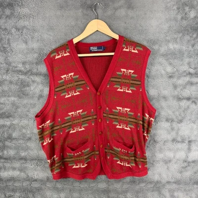 Cardigã masculino vintage Ralph Lauren grande vermelho navajo colete de algodão asteca polo RL - Imagem 1 de 4