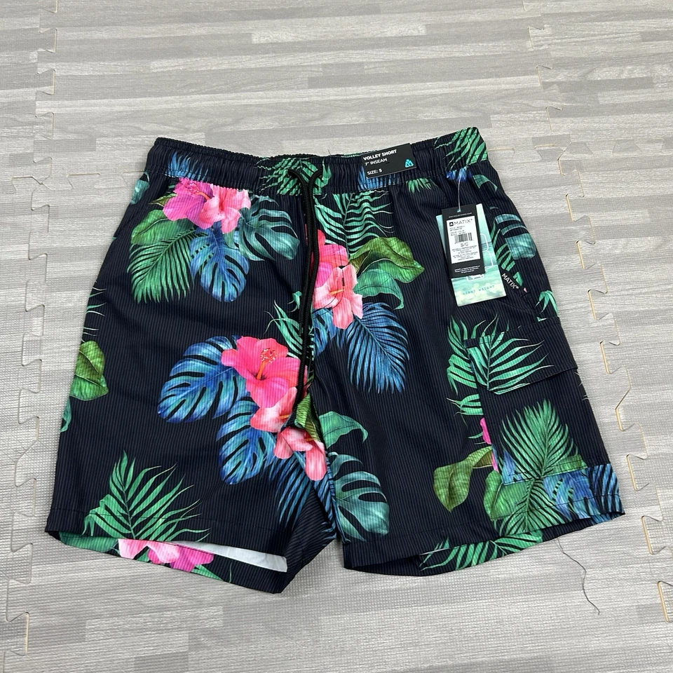 MATIX Hawaiian Floral Volley Shorts Mens Size Small 7” Black Lightweight $30 - Image 1 of 4