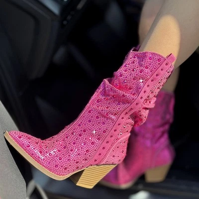 Nuevas botas vaqueras/vaqueras holgadas con estrás fucsia occidentales de media pantorrilla tacón bloque Foto 1 de 4