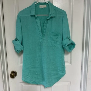 Tunica donna punto laterale M turchese lino rotolo linguetta manica pull over - Foto 1 di 16