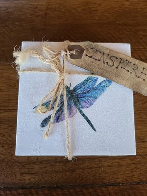 Juego de 4 posavasos de azulejos de cerámica caseros con respaldo de corcho para libélulas 4"X4" Foto 1 de 4