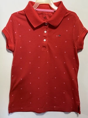 NWOT Tommy Hilfiger Girl’s Red Polo Shirt w/ Pink Hearts Print Size M (8-10) - Image 1 of 2