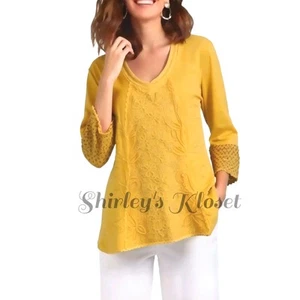 GRETTY ZUEGER Top Soutache Embroidered Crochet Lace Mustard Yellow Peru sz LARGE - Picture 1 of 13
